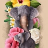 Elephant mother with young and tropical flowers. Mère éléphant et petit avec des fleurs tropicales.