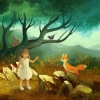 Illustration of a young girl and a fox. Illustration d'une jeune enfant et d'un renard.,