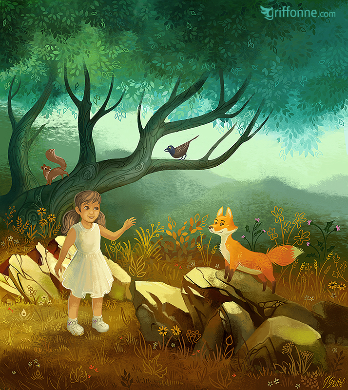 Illustration of a young girl and a fox. Illustration d'une jeune enfant et d'un renard.,